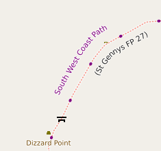 Screenshot of the part of the the Southwest Coast Path, with the sensible name of South West Coast Path